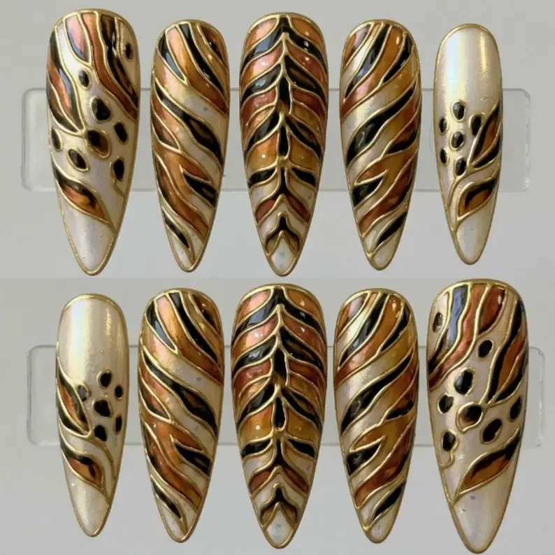 3D stained glass, tiger press on, press on nails, custom press on nails, fake nails, Nails Art, stained glass nails, gold press on nails, 3d press on nails, luxury press on nails, handmade press on nails