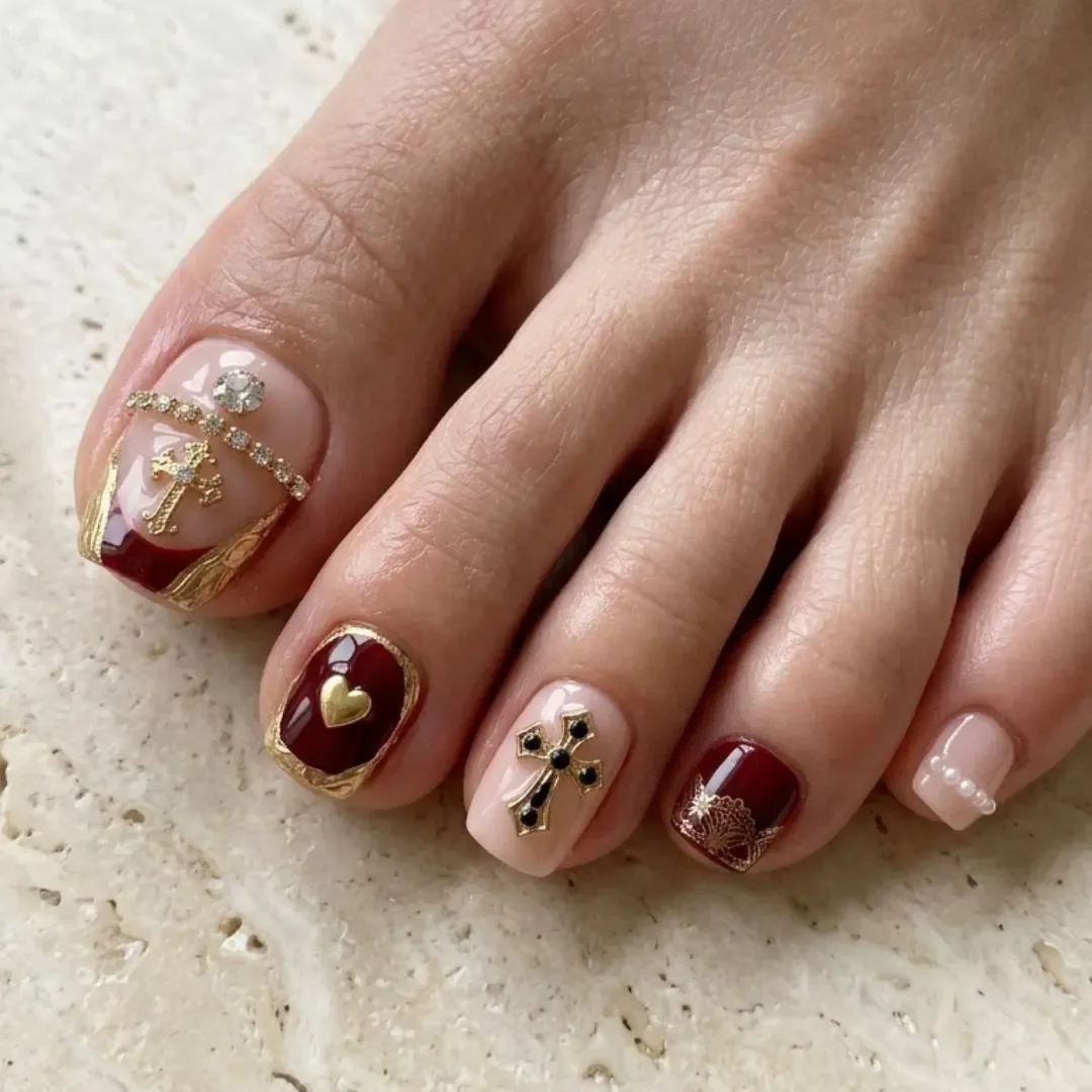 burgundy nude, fake toenails, press on nails, custom press on nails, fake nails, Nails Art, stained glass nails, gold press on nails, 3d press on nails, luxury press on nails, handmade press on nails