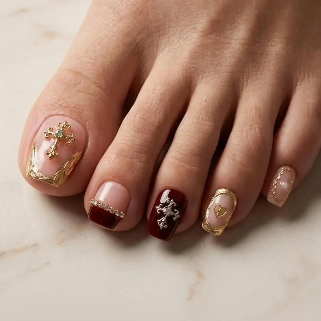 dark romance pedi, handmade gold foil, press on nails, custom press on nails, fake nails, Nails Art, stained glass nails, gold press on nails, 3d press on nails, luxury press on nails, handmade press on nails