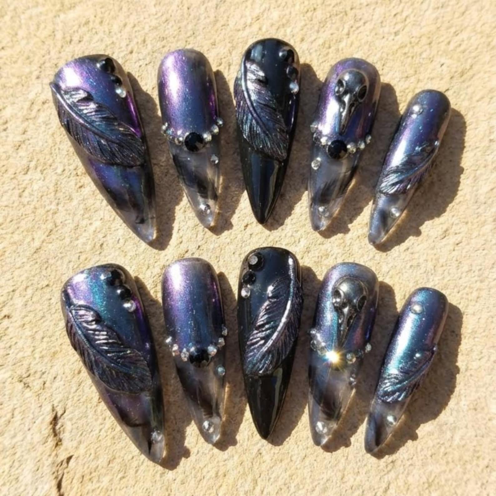 raven skull nails, holographic nails, press on nails, custom press on nails, fake nails, Nails Art, stained glass nails, gold press on nails, 3d press on nails, luxury press on nails, handmade press on nails