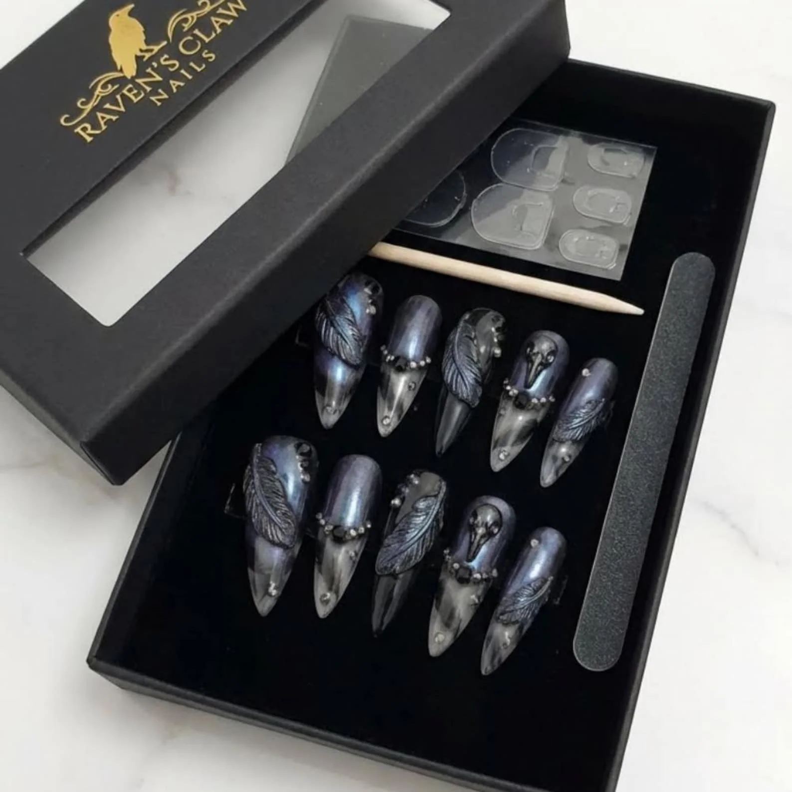 raven skull nails, holographic nails, press on nails, custom press on nails, fake nails, Nails Art, stained glass nails, gold press on nails, 3d press on nails, luxury press on nails, handmade press on nails