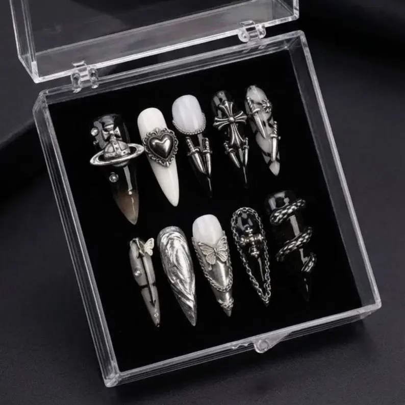gothic black charms, silver 3D charms, press on nails, custom press on nails, fake nails, Nails Art, stained glass nails, gold press on nails, 3d press on nails, luxury press on nails, handmade press on nails