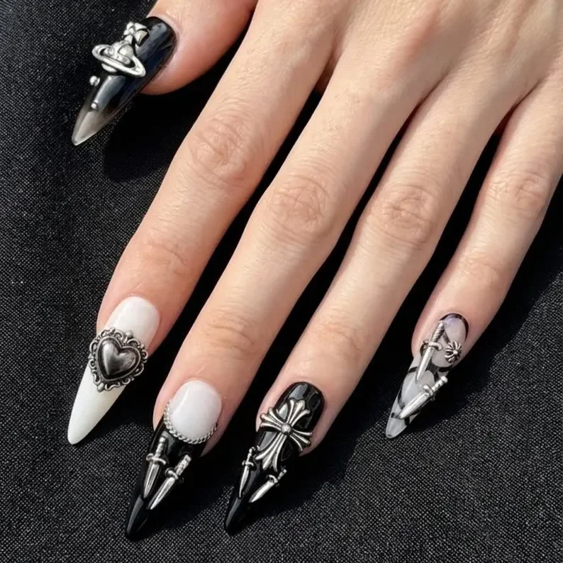 gothic black charms, silver 3D charms, press on nails, custom press on nails, fake nails, Nails Art, stained glass nails, gold press on nails, 3d press on nails, luxury press on nails, handmade press on nails