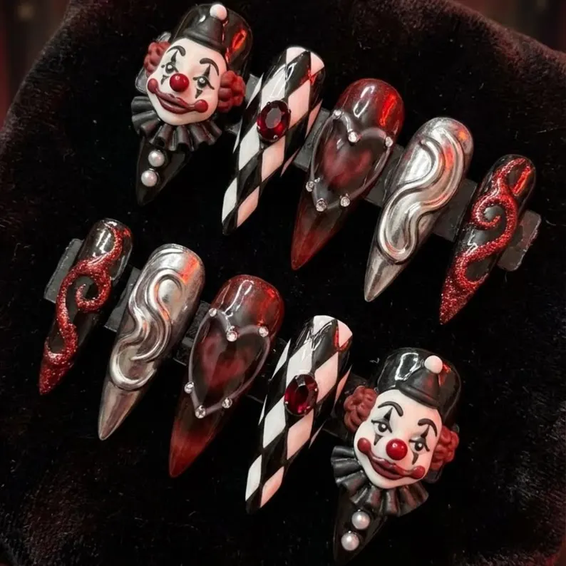 horror handmade nail art, press on nails, custom press on nails, fake nails, Nails Art, stained glass nails, gold press on nails, 3d press on nails, luxury press on nails, handmade press on nails