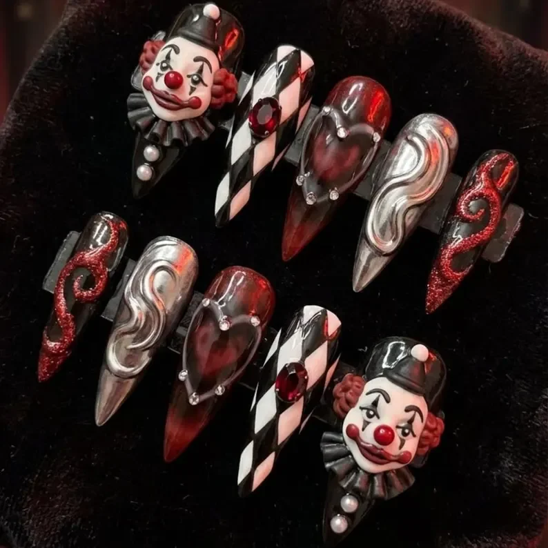 gothic clown press on, 3D harlequin nails, press on nails, custom press on nails, fake nails, Nails Art, stained glass nails, gold press on nails, 3d press on nails, luxury press on nails, handmade press on nails