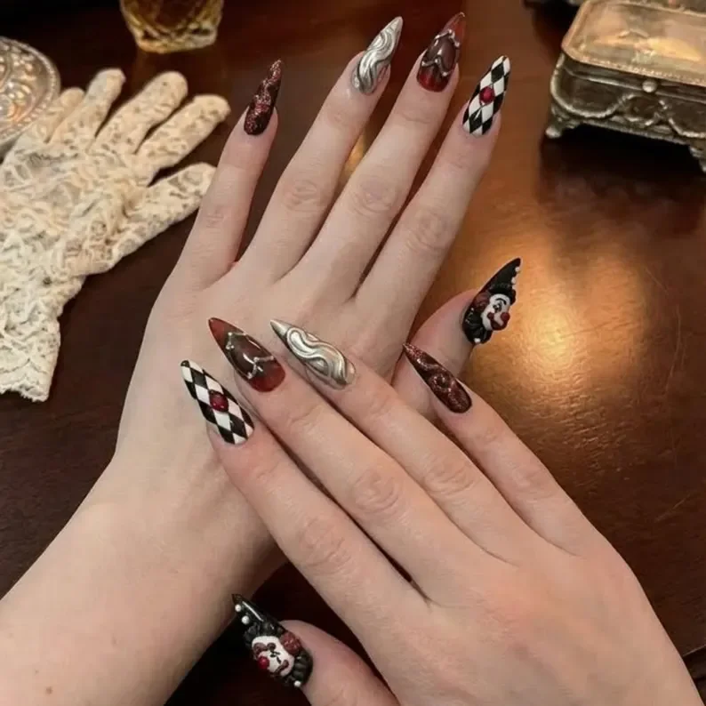 horror handmade nail art, press on nails, custom press on nails, fake nails, Nails Art, stained glass nails, gold press on nails, 3d press on nails, luxury press on nails, handmade press on nails