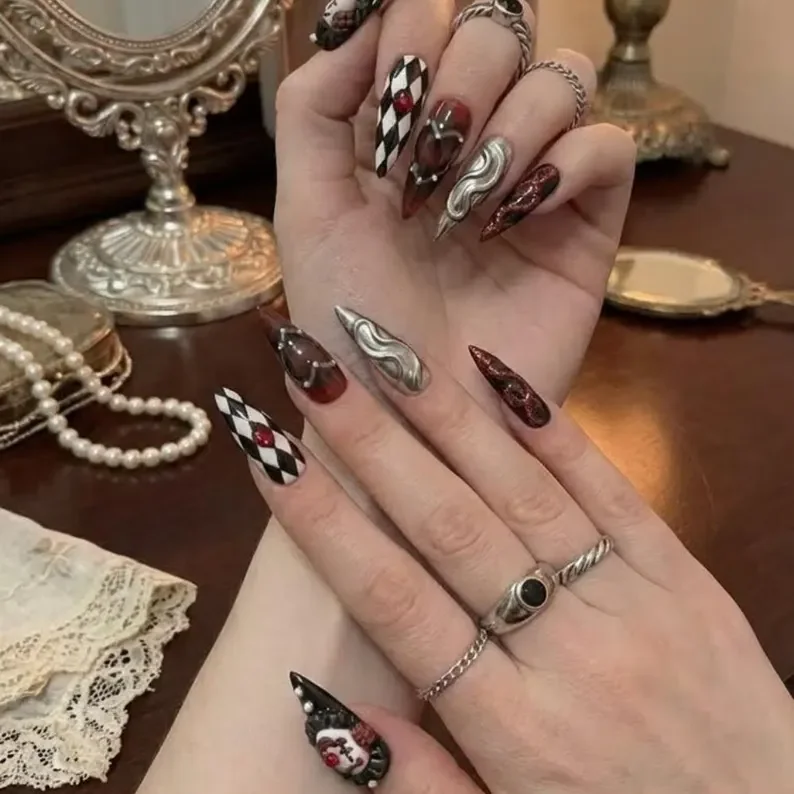 gothic nail design, harlequin nail art, press on nails, custom press on nails, fake nails, Nails Art, stained glass nails, gold press on nails, 3d press on nails, luxury press on nails, handmade press on nails