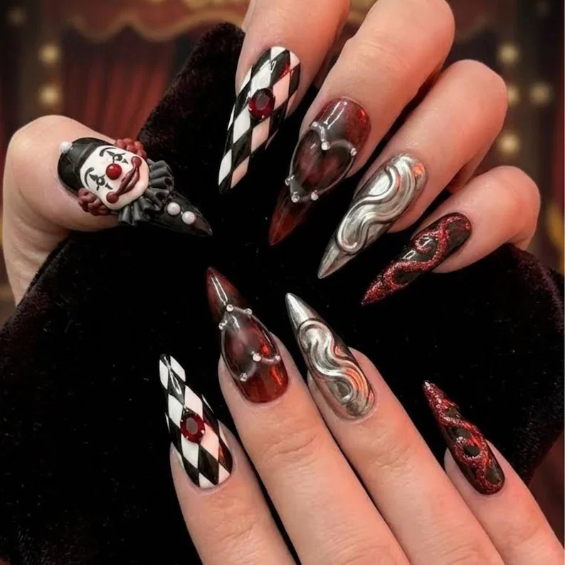 clown themed nails, 3D horror nails, press on nails, custom press on nails, fake nails, Nails Art, stained glass nails, gold press on nails, 3d press on nails, luxury press on nails, handmade press on nails