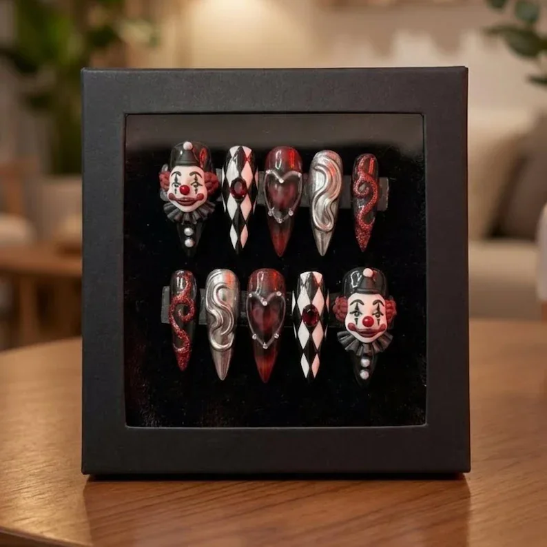 gothic clown press on, 3D harlequin nails, press on nails, custom press on nails, fake nails, Nails Art, stained glass nails, gold press on nails, 3d press on nails, luxury press on nails, handmade press on nails
