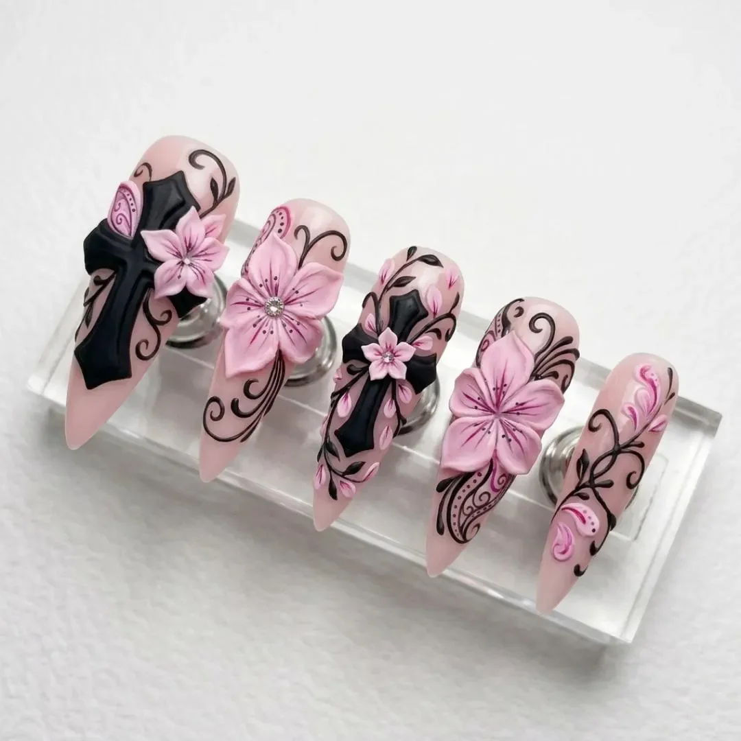 gothic cross nails, pink flower nails, press on nails, custom press on nails, fake nails, Nails Art, stained glass nails, gold press on nails, 3d press on nails, luxury press on nails, handmade press on nails