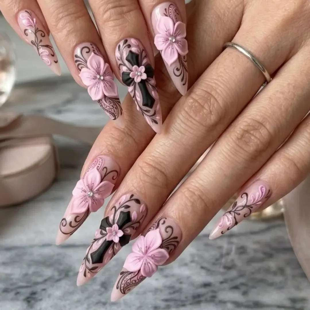 fake stiletto nails, romantic goth manicure, press on nails, custom press on nails, fake nails, Nails Art, stained glass nails, gold press on nails, 3d press on nails, luxury press on nails, handmade press on nails