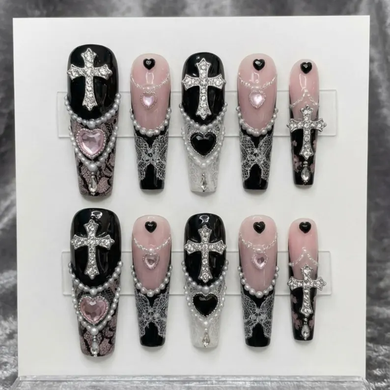 gothic cross nails, press on nails, custom press on nails, fake nails, Nails Art, stained glass nails, gold press on nails, 3d press on nails, luxury press on nails, handmade press on nails