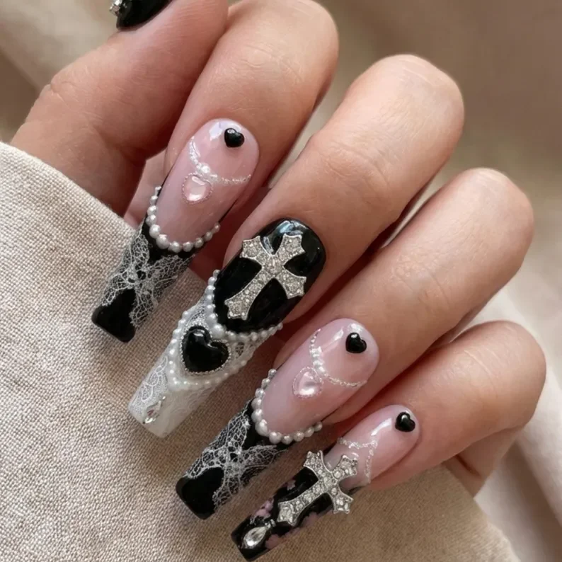 dark romance nails, gothic nail art, press on nails, custom press on nails, fake nails, Nails Art, stained glass nails, gold press on nails, 3d press on nails, luxury press on nails, handmade press on nails