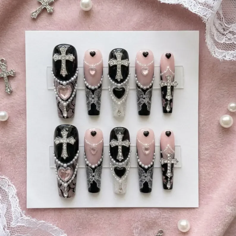 cross design nails, 3D pearl accents, press on nails, custom press on nails, fake nails, Nails Art, stained glass nails, gold press on nails, 3d press on nails, luxury press on nails, handmade press on nails