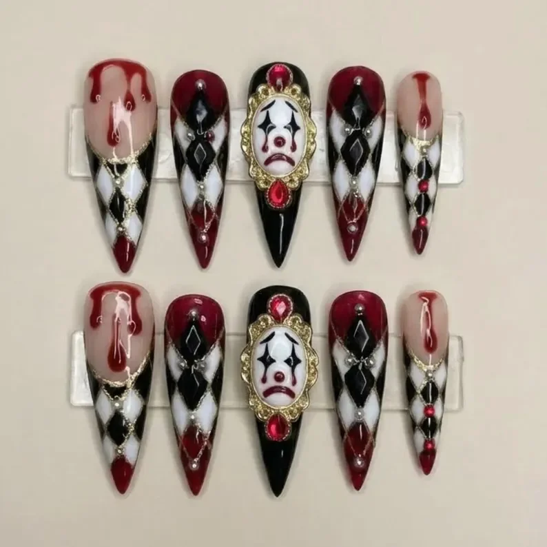 gothic press on nails, harlequin nail art, press on nails, custom press on nails, fake nails, Nails Art, stained glass nails, gold press on nails, 3d press on nails, luxury press on nails, handmade press on nails