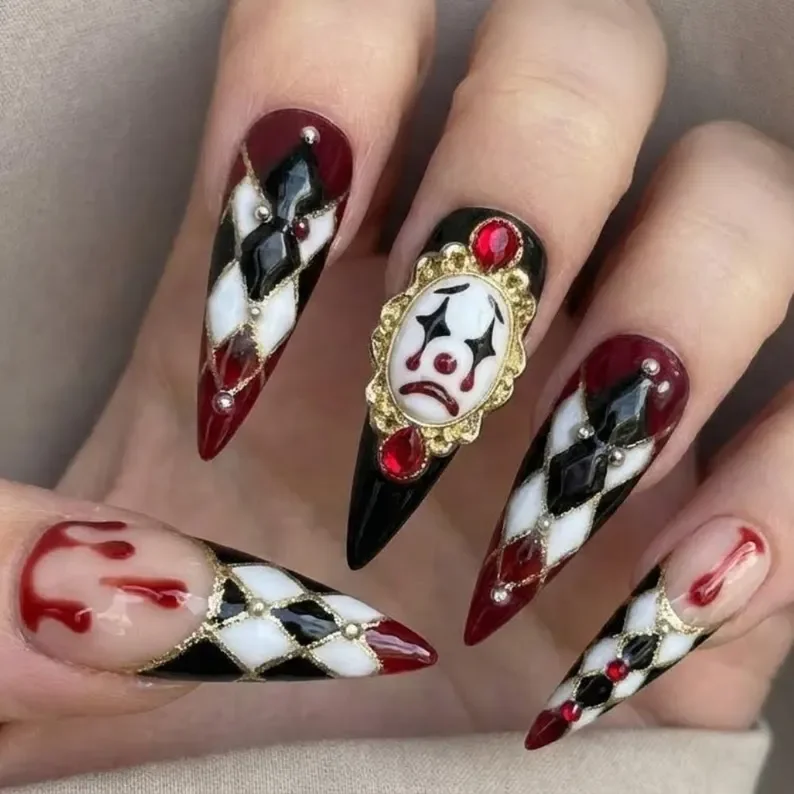 3D clown nails, dark red nails, press on nails, custom press on nails, fake nails, Nails Art, stained glass nails, gold press on nails, 3d press on nails, luxury press on nails, handmade press on nails