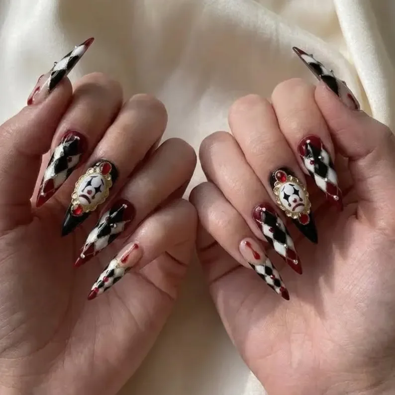 gothic clown nails, press on nail set, press on nails, custom press on nails, fake nails, Nails Art, stained glass nails, gold press on nails, 3d press on nails, luxury press on nails, handmade press on nails