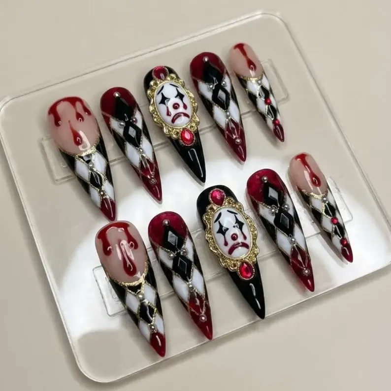 3D clown nails, dark red nails, press on nails, custom press on nails, fake nails, Nails Art, stained glass nails, gold press on nails, 3d press on nails, luxury press on nails, handmade press on nails