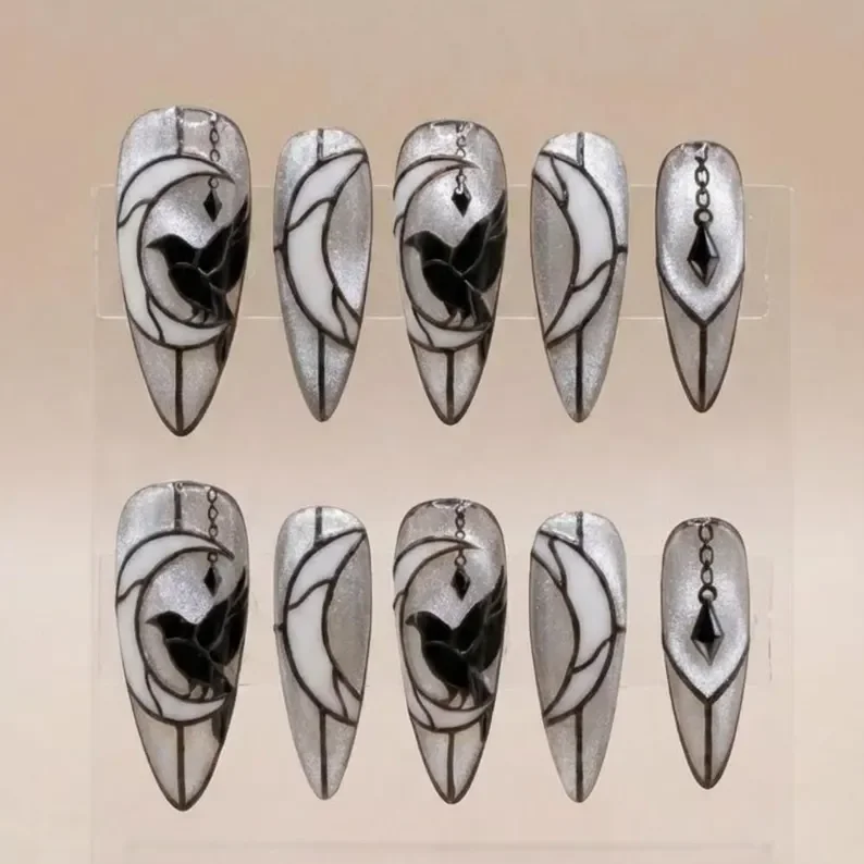 gothic raven nails, crescent moon nails, press on nails, custom press on nails, fake nails, Nails Art, stained glass nails, gold press on nails, 3d press on nails, luxury press on nails, handmade press on nails
