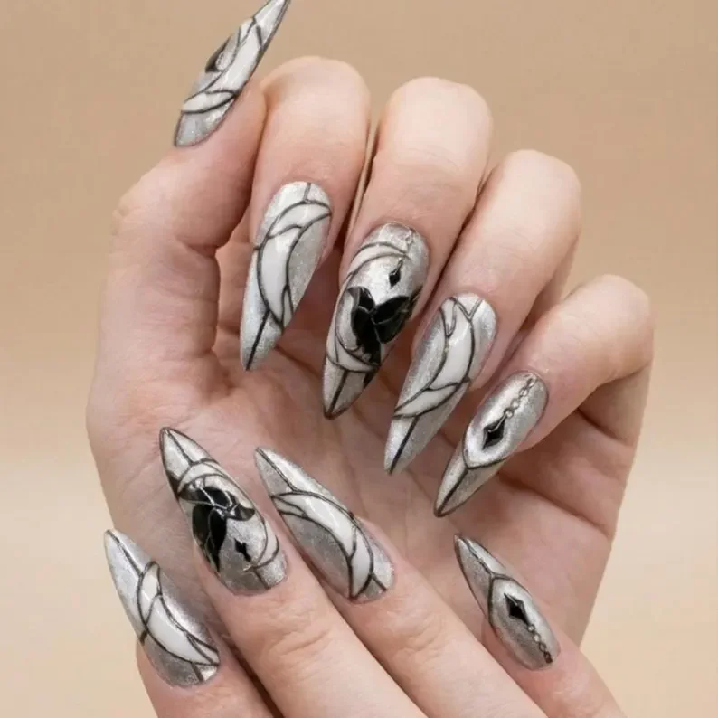 raven nail design, moon nail art, press on nails, custom press on nails, fake nails, Nails Art, stained glass nails, gold press on nails, 3d press on nails, luxury press on nails, handmade press on nails