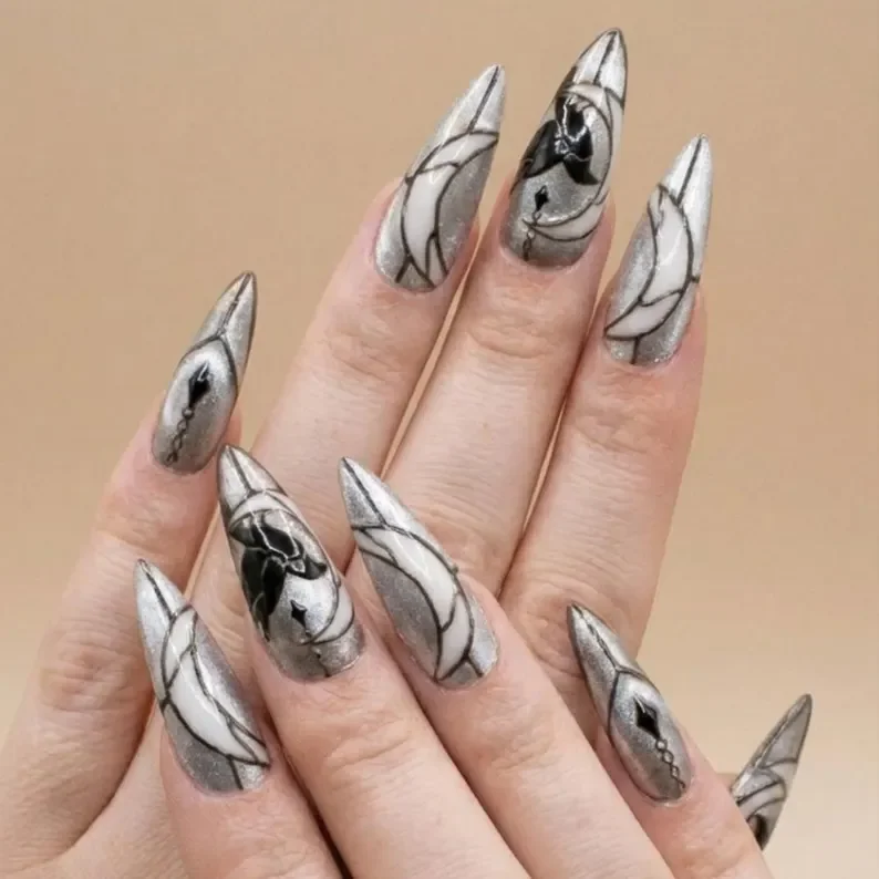 gothic raven nails, crescent moon nails, press on nails, custom press on nails, fake nails, Nails Art, stained glass nails, gold press on nails, 3d press on nails, luxury press on nails, handmade press on nails