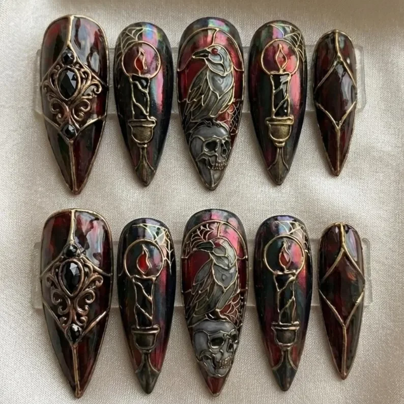 gothic raven nails, skull press on, press on nails, custom press on nails, fake nails, Nails Art, stained glass nails, gold press on nails, 3d press on nails, luxury press on nails, handmade press on nails