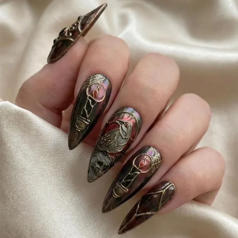stained glass nails, macabre art nails, press on nails, custom press on nails, fake nails, Nails Art, gold press on nails, 3d press on nails, luxury press on nails, handmade press on nails