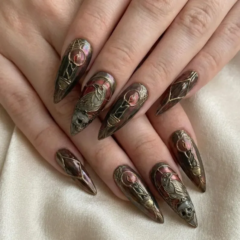 raven skull design, gothic manicure, press on nails, custom press on nails, fake nails, Nails Art, stained glass nails, gold press on nails, 3d press on nails, luxury press on nails, handmade press on nails
