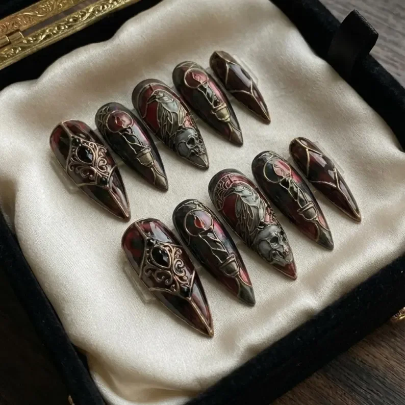 press on nail set, dark aesthetic nails, press on nails, custom press on nails, fake nails, Nails Art, stained glass nails, gold press on nails, 3d press on nails, luxury press on nails, handmade press on nails