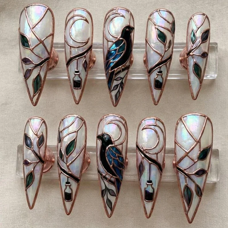 Gothic raven nails, stained glass nails, press on nails, custom press on nails, fake nails, Nails Art, gold press on nails, 3d press on nails, luxury press on nails, handmade press on nails