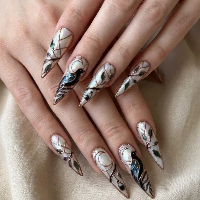 3D art nails, gothic manicure, press on nails, custom press on nails, fake nails, Nails Art, stained glass nails, gold press on nails, 3d press on nails, luxury press on nails, handmade press on nails