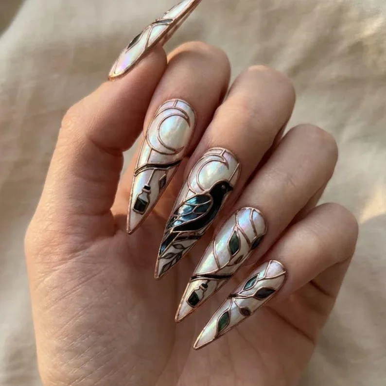 raven nail design, stained glass manicure, press on nails, custom press on nails, fake nails, Nails Art, stained glass nails, gold press on nails, 3d press on nails, luxury press on nails, handmade press on nails