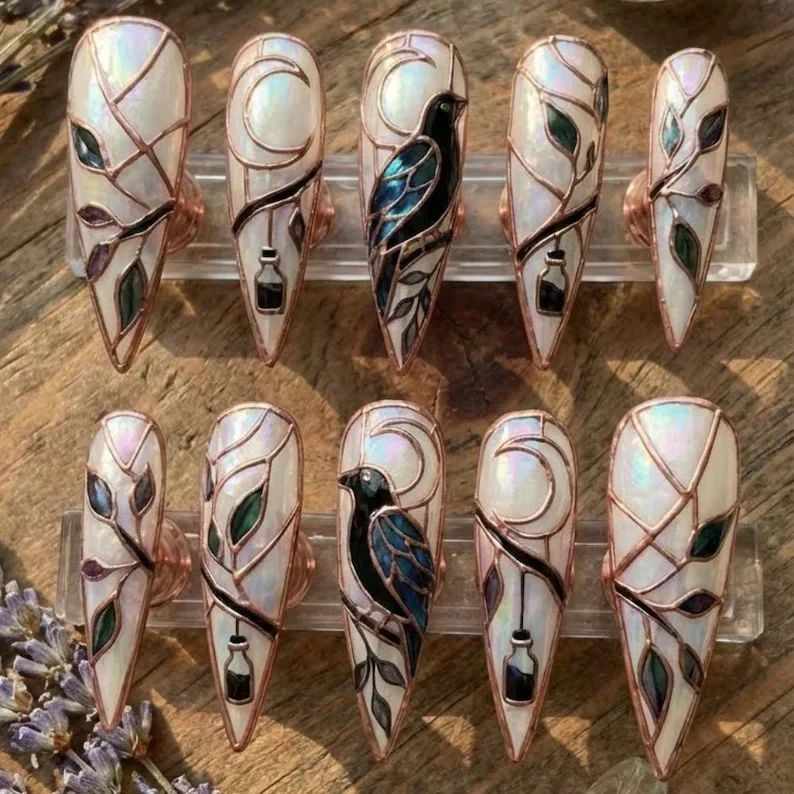 Gothic raven nails, stained glass nails, press on nails, custom press on nails, fake nails, Nails Art, gold press on nails, 3d press on nails, luxury press on nails, handmade press on nails