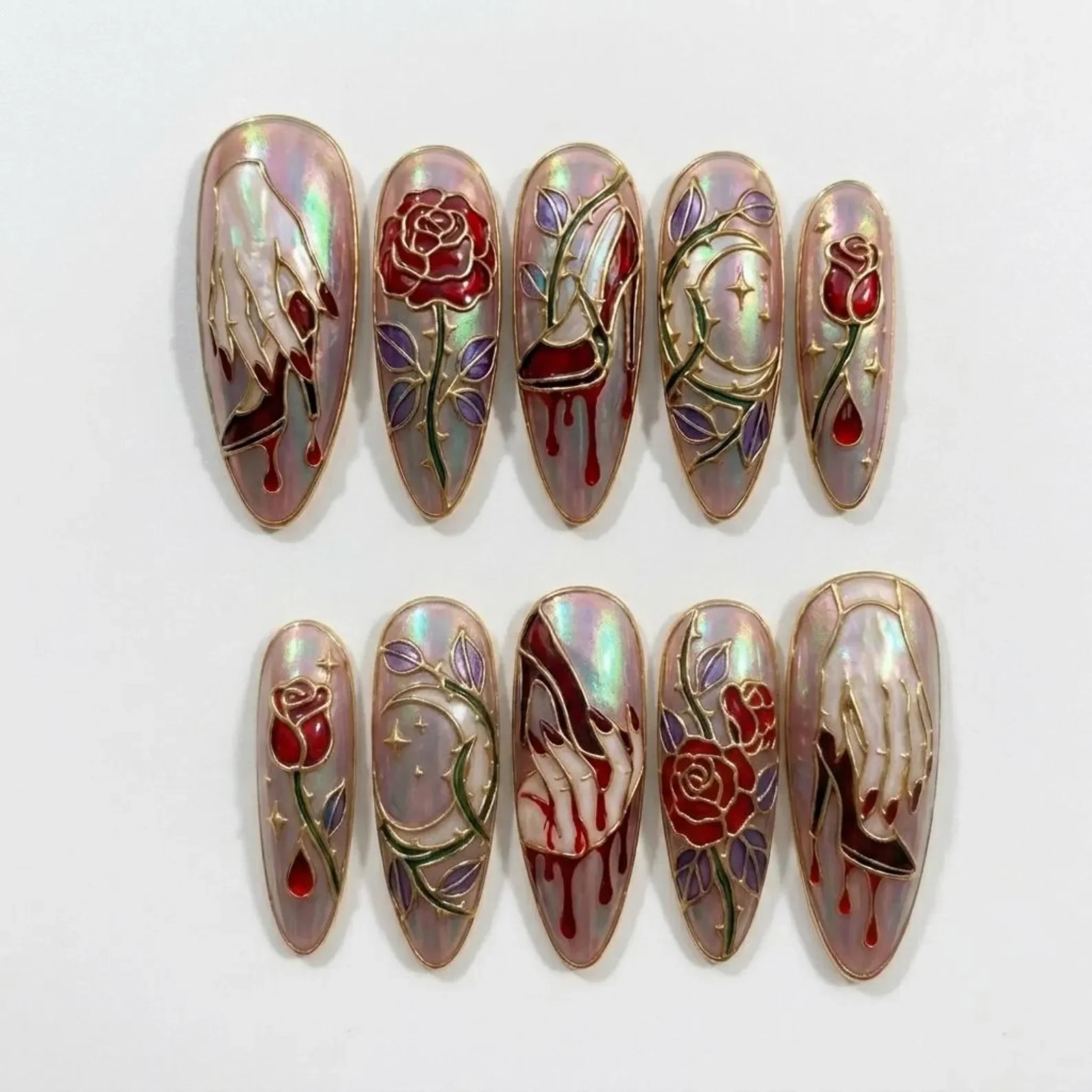 Gothic rose nails, Stained glass nails, press on nails, custom press on nails, fake nails, Nails Art, stained glass nails, gold press on nails, 3d press on nails, luxury press on nails, handmade press on nails