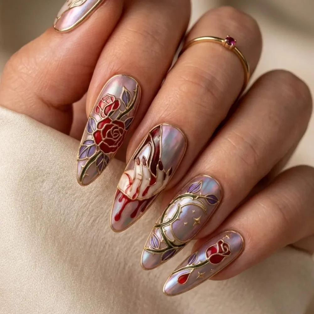 Art Nouveau nails, False gothic nails, press on nails, custom press on nails, fake nails, Nails Art, stained glass nails, gold press on nails, 3d press on nails, luxury press on nails, handmade press on nails