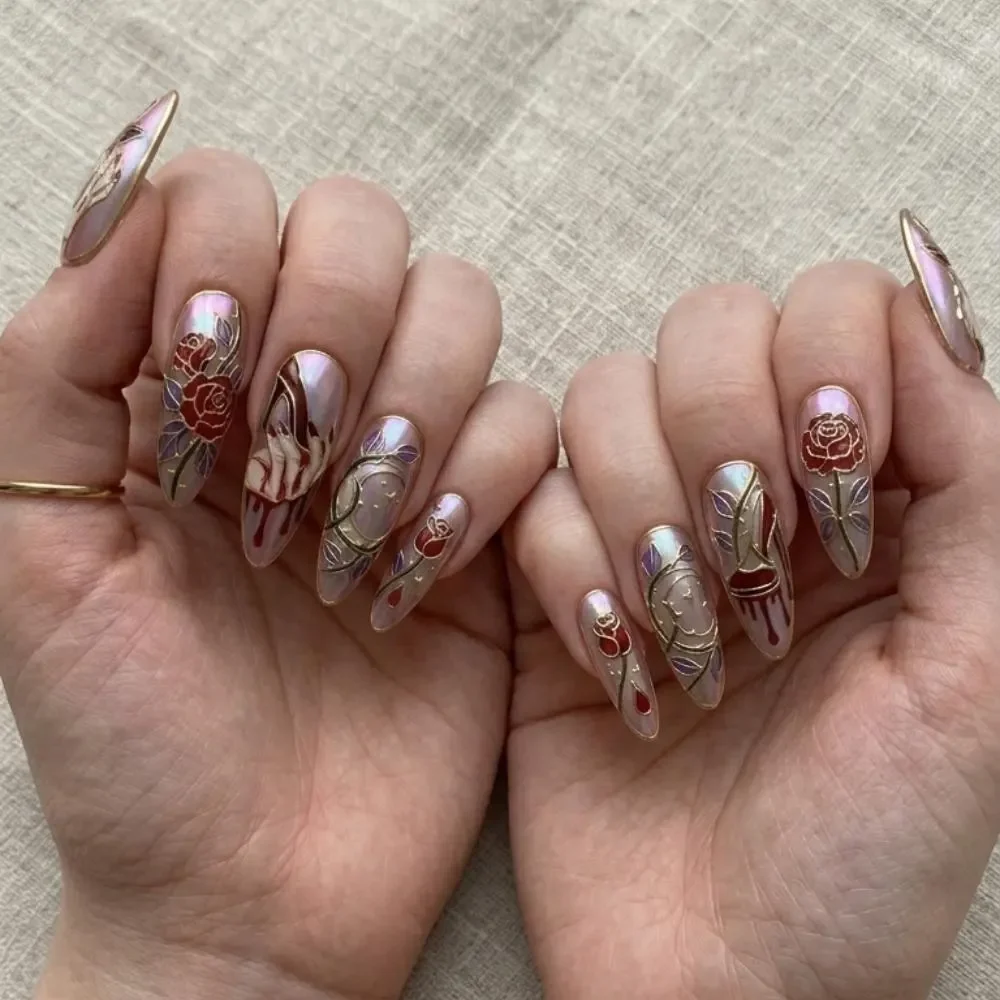 Rose gothic manicure, Dark art nails, press on nails, custom press on nails, fake nails, Nails Art, stained glass nails, gold press on nails, 3d press on nails, luxury press on nails, handmade press on nails