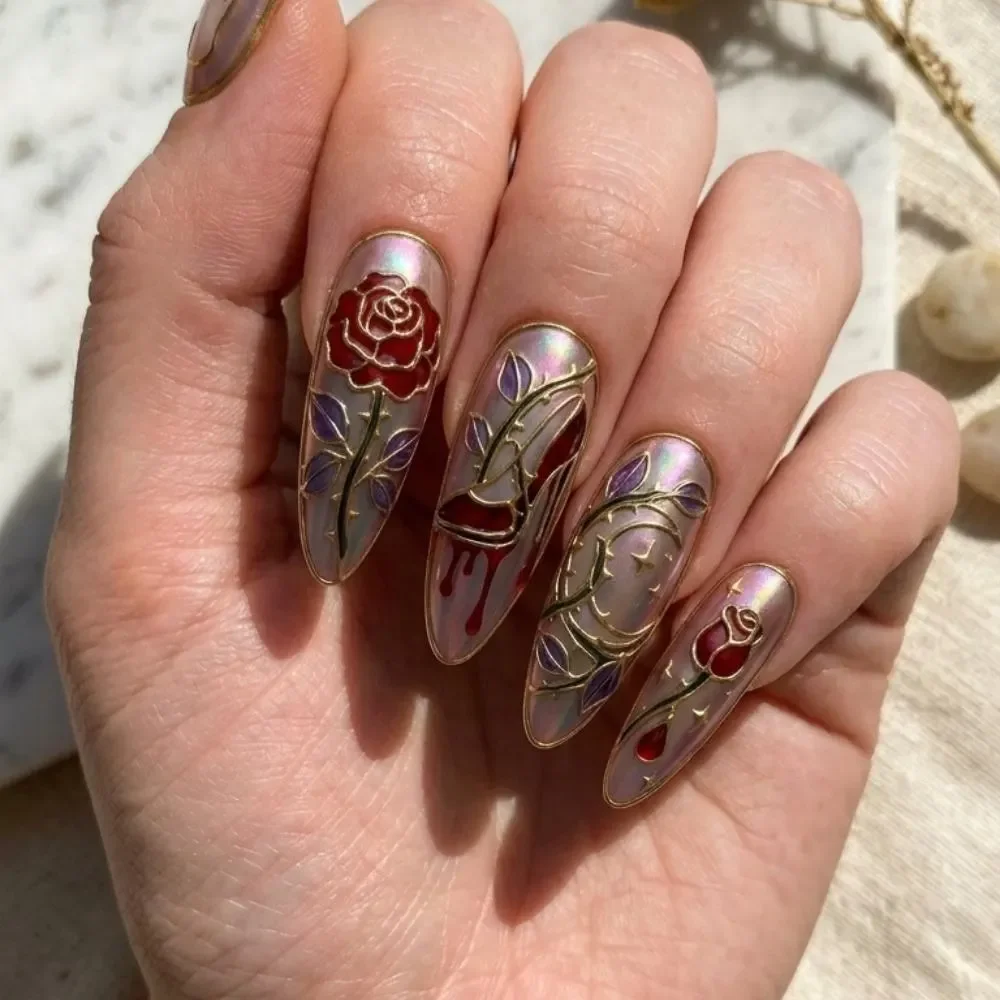 Gothic rose nails, Stained glass nails, press on nails, custom press on nails, fake nails, Nails Art, stained glass nails, gold press on nails, 3d press on nails, luxury press on nails, handmade press on nails