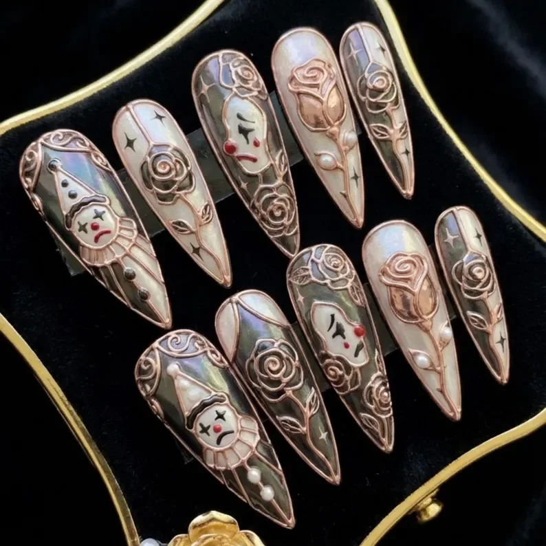 gothic press on nails, sad clown nails, press on nails, custom press on nails, fake nails, Nails Art, stained glass nails, gold press on nails, 3d press on nails, luxury press on nails, handmade press on nails