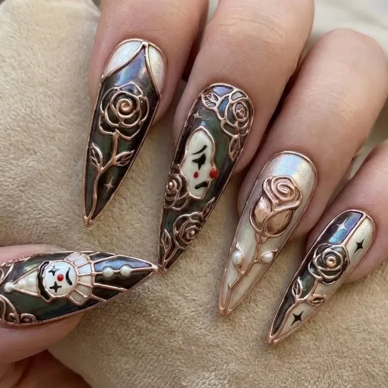 rose gold nails, stained glass nails, press on nails, custom press on nails, fake nails, Nails Art, gold press on nails, 3d press on nails, luxury press on nails, handmade press on nails