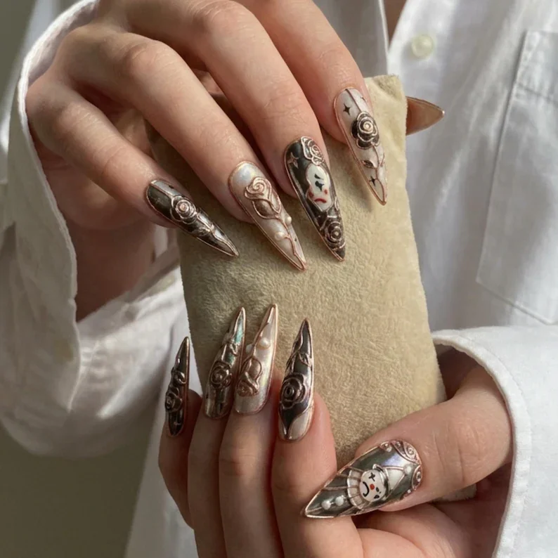 press on nail set, rose gold gothic nails, press on nails, custom press on nails, fake nails, Nails Art, stained glass nails, gold press on nails, 3d press on nails, luxury press on nails, handmade press on nails