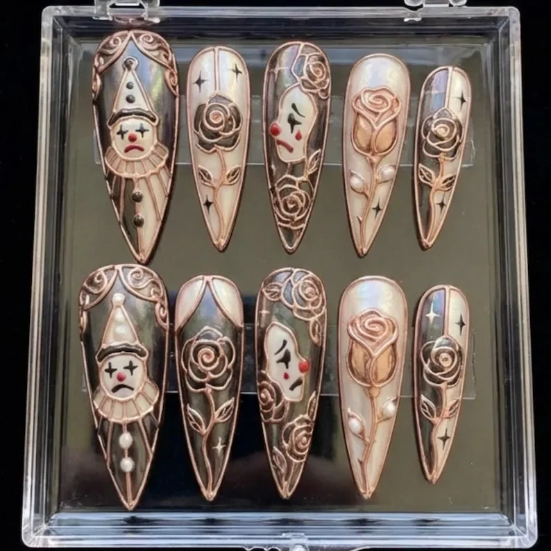 gothic press on nails, sad clown nails, press on nails, custom press on nails, fake nails, Nails Art, stained glass nails, gold press on nails, 3d press on nails, luxury press on nails, handmade press on nails