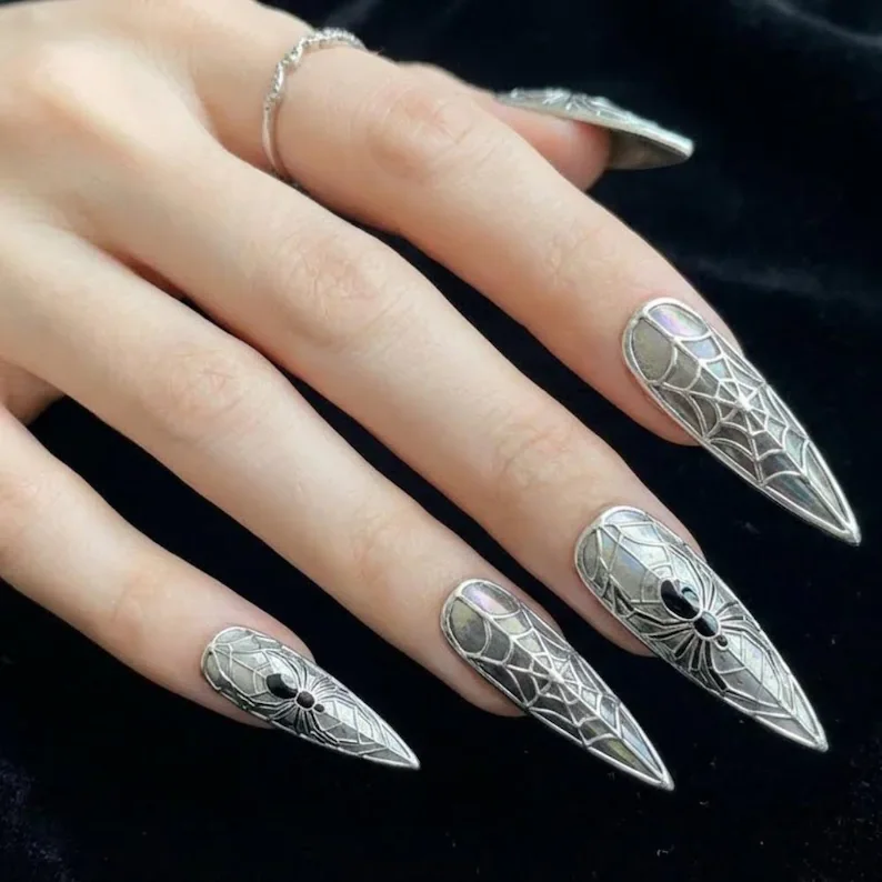 dark silver nails, gothic nail design, press on nails, custom press on nails, fake nails, Nails Art, stained glass nails, gold press on nails, 3d press on nails, luxury press on nails, handmade press on nails