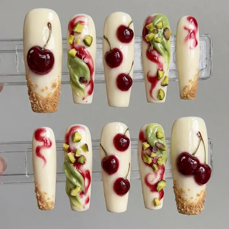 hyper-realistic nail art, dessert press-on nails, press on nails, custom press on nails, fake nails, Nails Art, stained glass nails, gold press on nails, 3d press on nails, luxury press on nails, handmade press on nails