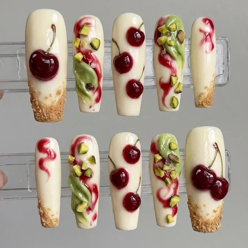 gourmet cherry cheesecake, pistachio 3D nails, press on nails, custom press on nails, fake nails, Nails Art, stained glass nails, gold press on nails, 3d press on nails, luxury press on nails, handmade press on nails