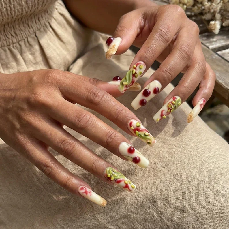 hyper-realistic nail art, dessert press-on nails, press on nails, custom press on nails, fake nails, Nails Art, stained glass nails, gold press on nails, 3d press on nails, luxury press on nails, handmade press on nails