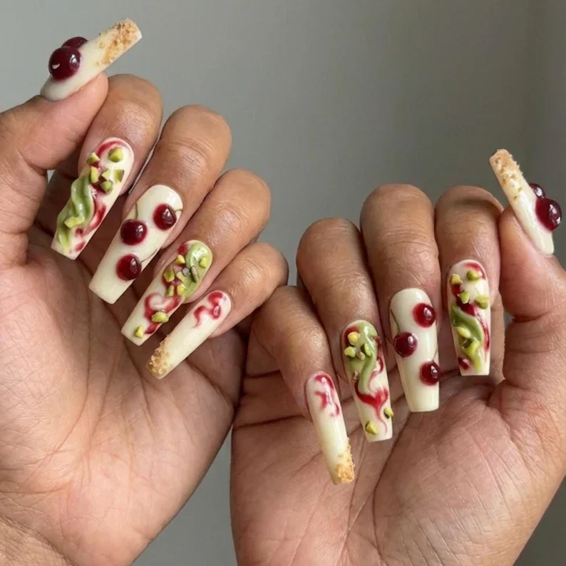 cherry cheesecake nails, pistachio nail design, press on nails, custom press on nails, fake nails, Nails Art, stained glass nails, gold press on nails, 3d press on nails, luxury press on nails, handmade press on nails