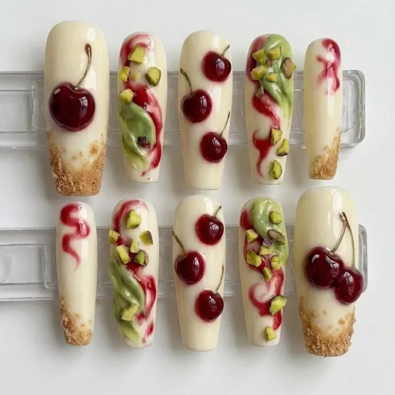 gourmet cherry cheesecake, pistachio 3D nails, press on nails, custom press on nails, fake nails, Nails Art, stained glass nails, gold press on nails, 3d press on nails, luxury press on nails, handmade press on nails