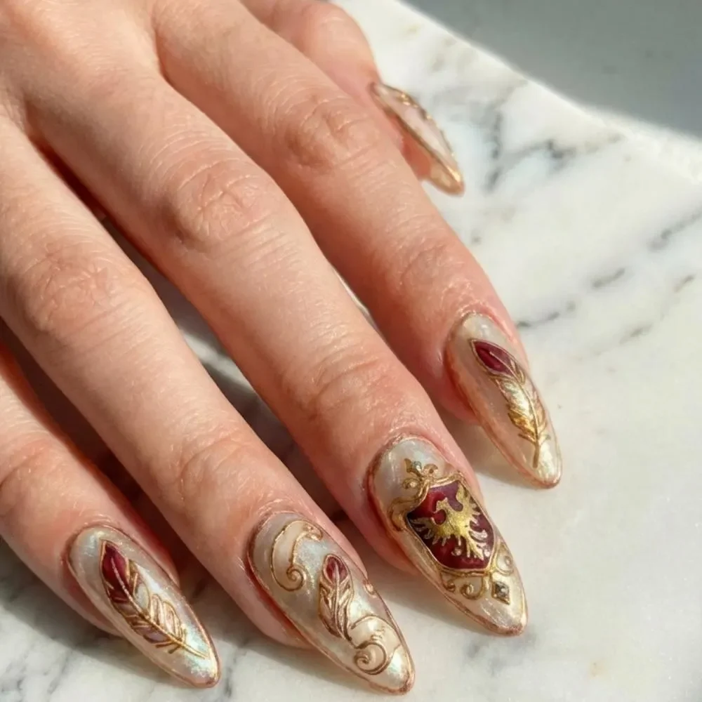 Gothic Nail Art, Heraldic Design, press on nails, custom press on nails, fake nails, Nails Art, stained glass nails, gold press on nails, 3d press on nails, luxury press on nails, handmade press on nails