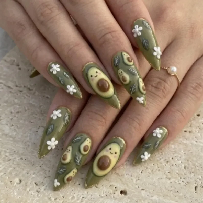 avocado nail art, gold glitter tips, press on nails, custom press on nails, fake nails, Nails Art, stained glass nails, gold press on nails, 3d press on nails, luxury press on nails, handmade press on nails