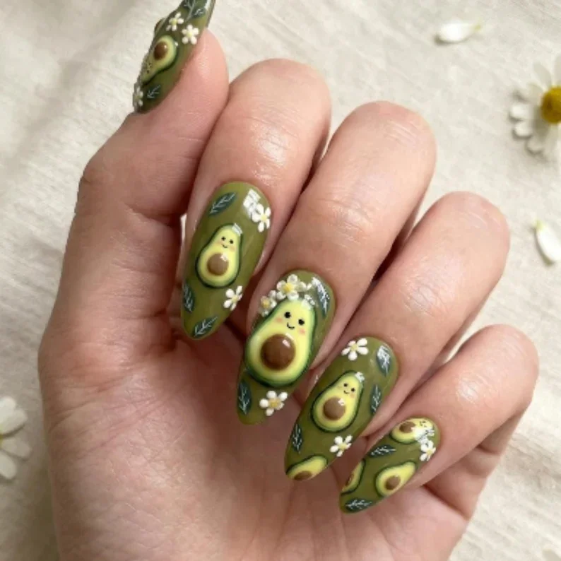 kawaii avocado, avocado nail art, press on nails, custom press on nails, fake nails, Nails Art, stained glass nails, gold press on nails, 3d press on nails, luxury press on nails, handmade press on nails